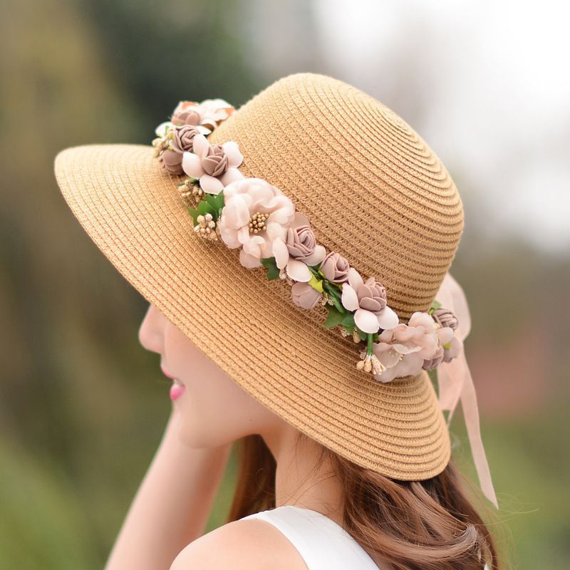 草帽女夏小清新大沿防晒可折叠沙滩帽花环海边度假女式太阳帽遮阳