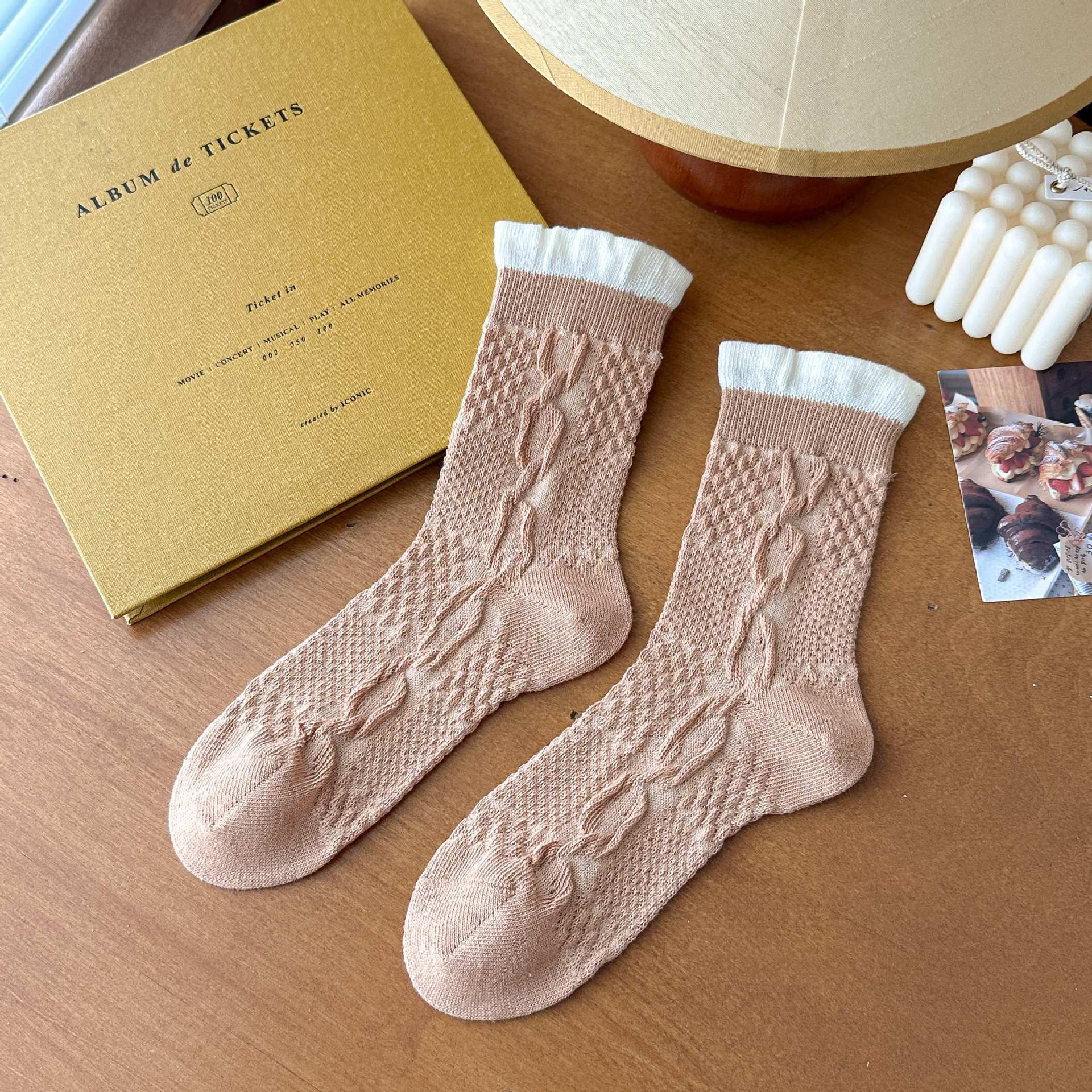 Autumn Winter Retro College Style SocksJapanese Style Solid Color Embossed Tube SocksBubble Mouth Lace Ins Mori Style Women's Socks