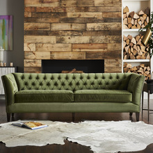 美式轻奢亚麻布艺客厅三人沙发法式拉扣橄榄绿酒店商场设计师沙发