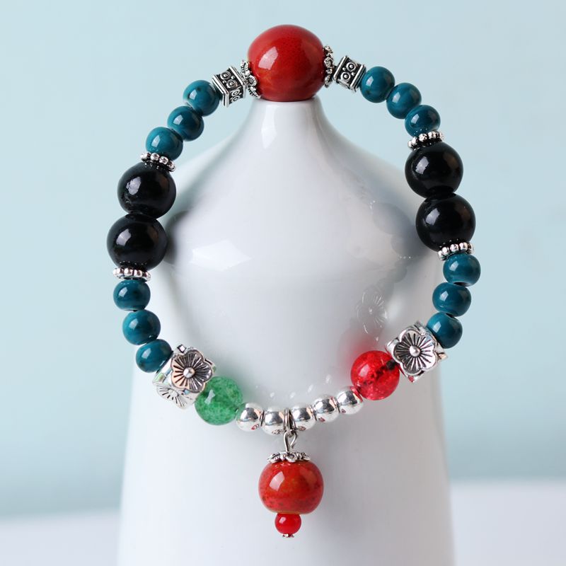 Factory Supply Alloy Ceramic Bracelet Ethnic Style Single Ring Ceramic Jewelry Handmade Filament Beaded Bracelet