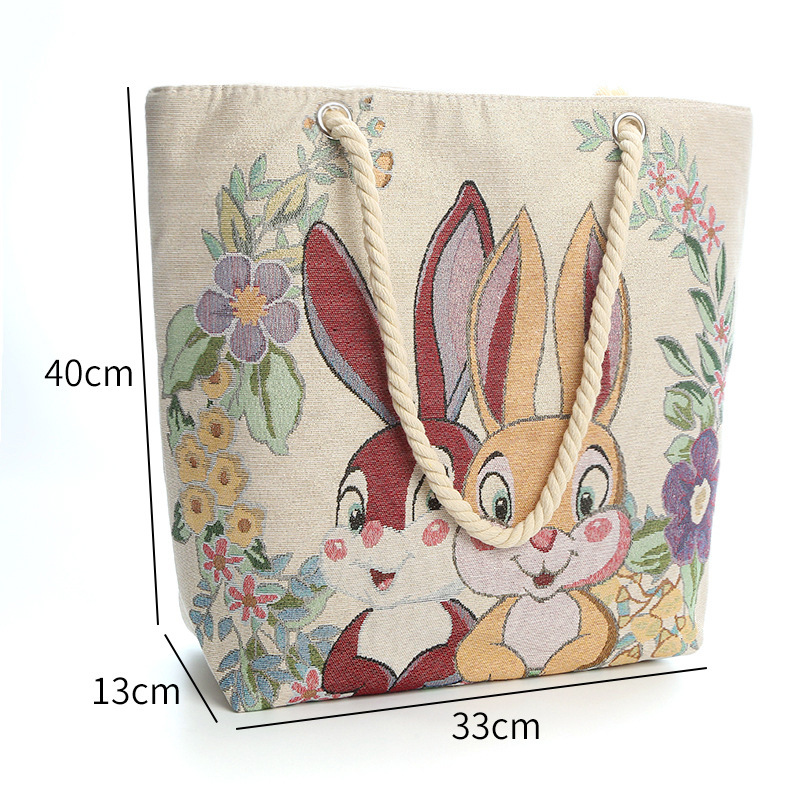 Couple Rabbit Large Capacity Women's Canvas Bag Double-Sided Gold Silk Embroidery Sweet Shoulder Handbag Grocery Bag