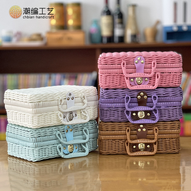 Cosmetic Finishing Rattan Boxes Vintage Props Rattan Suitcase Hand Gift Box Solid Pp Woven Rattan Storage Box