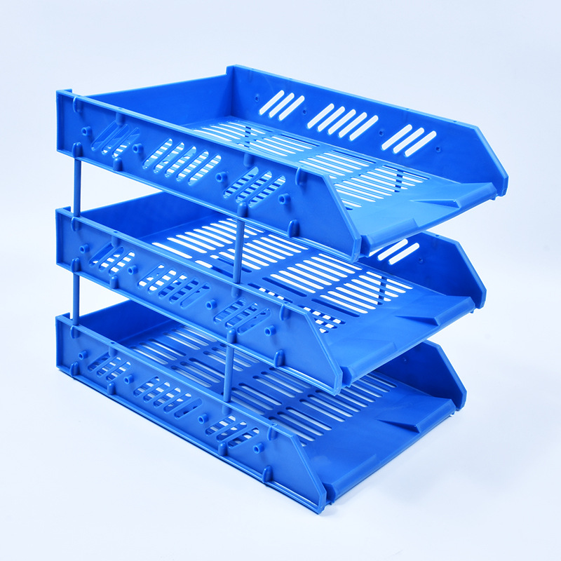 Three Layer File Tray Plastic Column Thickened Three-Layer Document Rack File Tray Blue Black