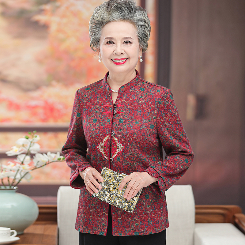 奶奶秋装长袖衬衫上衣中老年人女装妈妈款春秋外套老太太唐装衣服