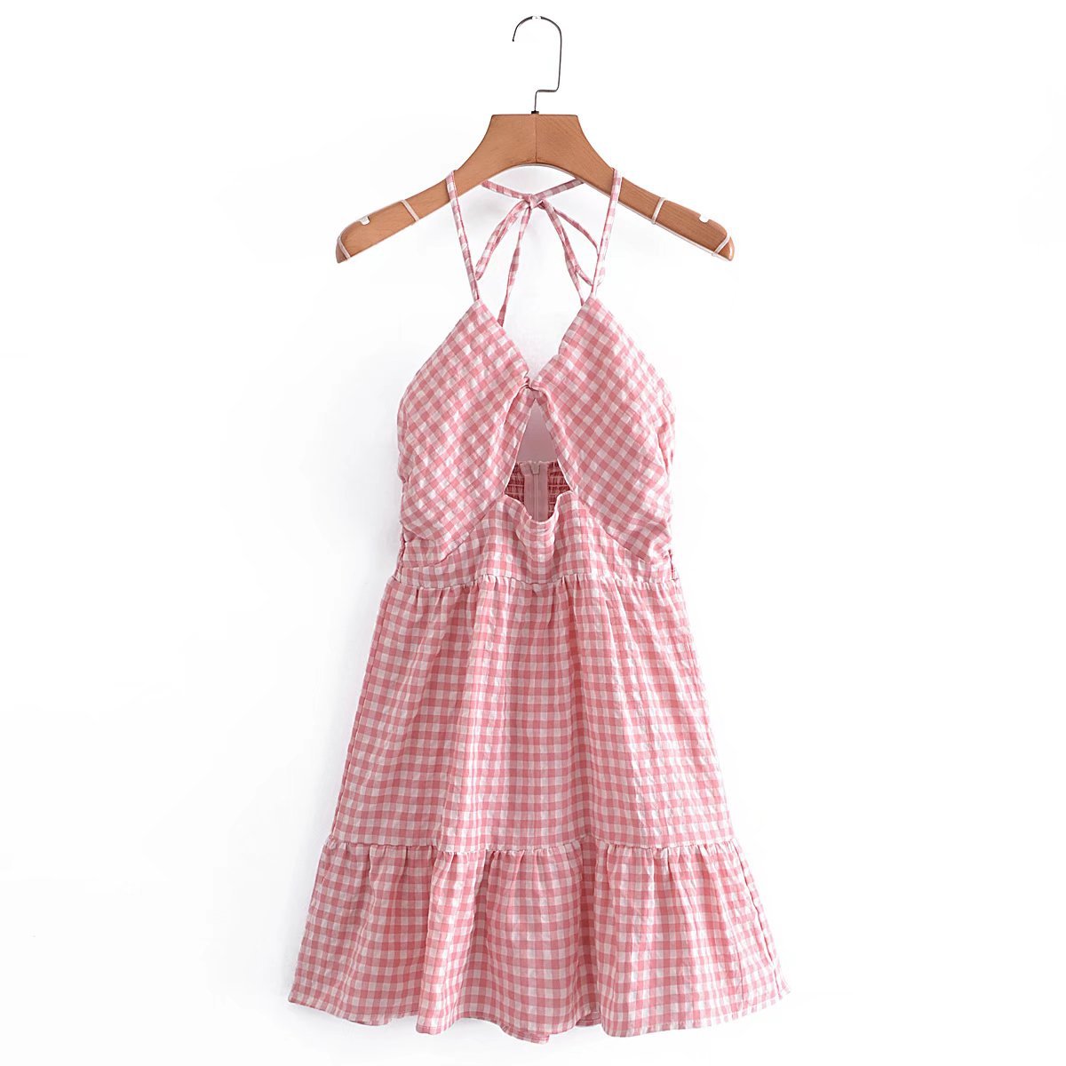 春季新款欧美风挂脖粉色格子镂空收腰荷叶边短裙外贸女装-阿里巴巴