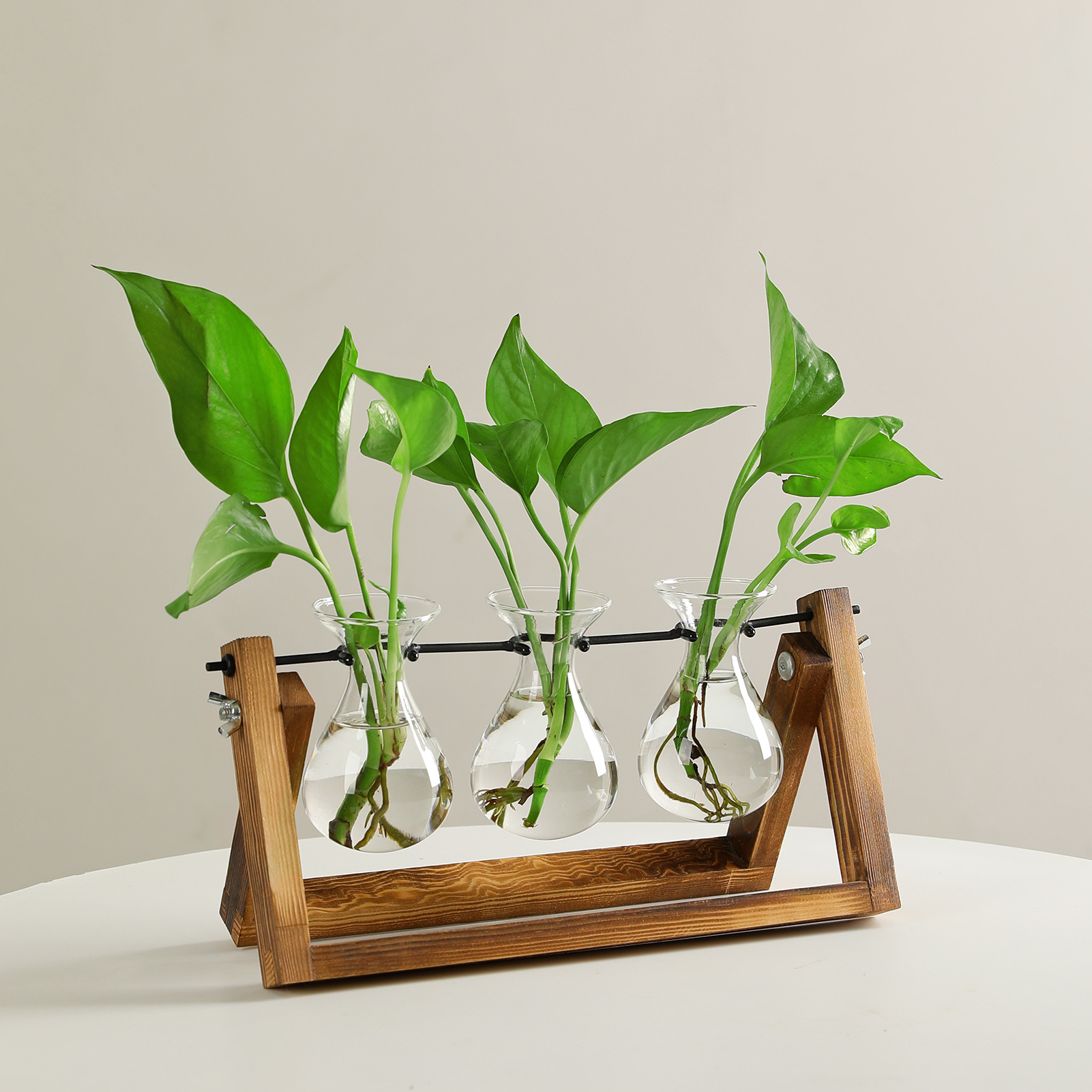 新款水培植物木架花瓶水滴玻璃瓶绿萝鲜花插花器家庭园艺桌面摆件