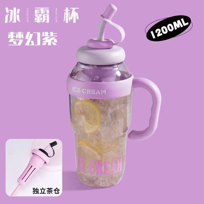 Ins Ice Cream Cup with Handle Large Capacity Water Cup Portable Straw Cup with Tea Warehouse Plastic Cup Tea Brewing Car Cup