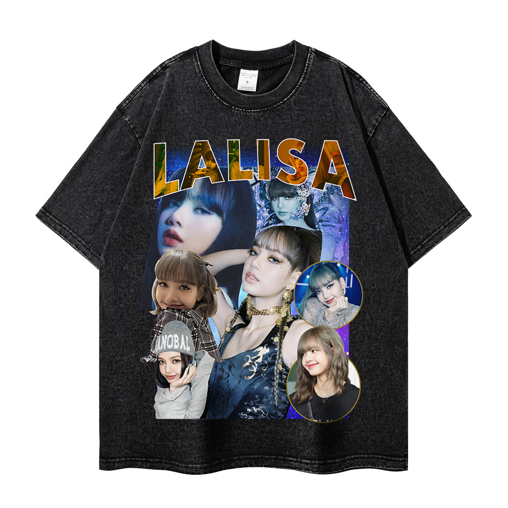 韩女团blackpink周边lisa印花t恤宽松重磅做旧洗水棉