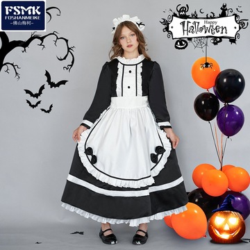 欧美新款长袖女仆装lolita可爱女仆动漫演出服黑白万圣节服装