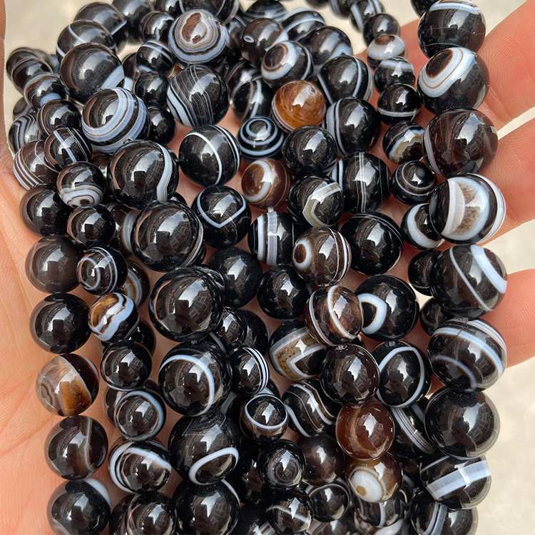 天然缠丝天眼玛瑙散珠 黑白缠丝玛瑙diy佛珠念珠手链配饰