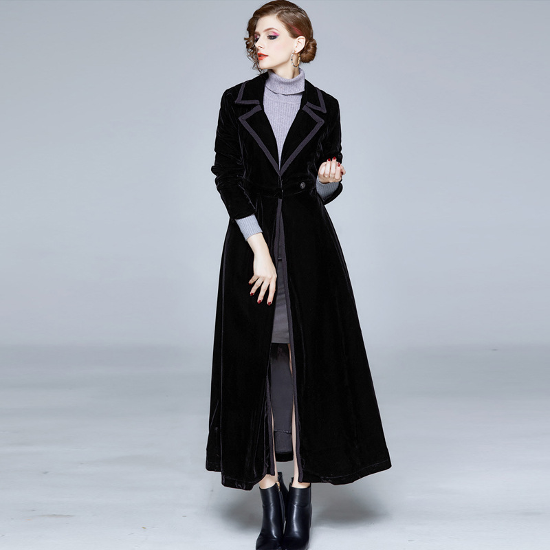加厚过膝收腰丝绒超长款风衣 2023年秋冬新款大码长袖外套速卖通
