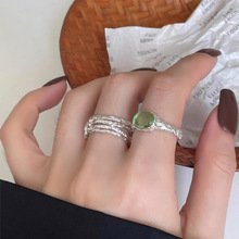 精致肌理褶皱绿钻戒指女开口可调节小众高级感轻奢百搭新品手饰潮