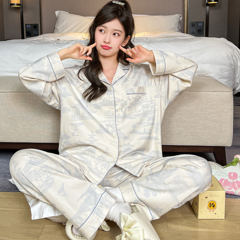 新款春秋季翻领棉质舒适睡衣女简约休闲宽松套装女士可外穿家居服