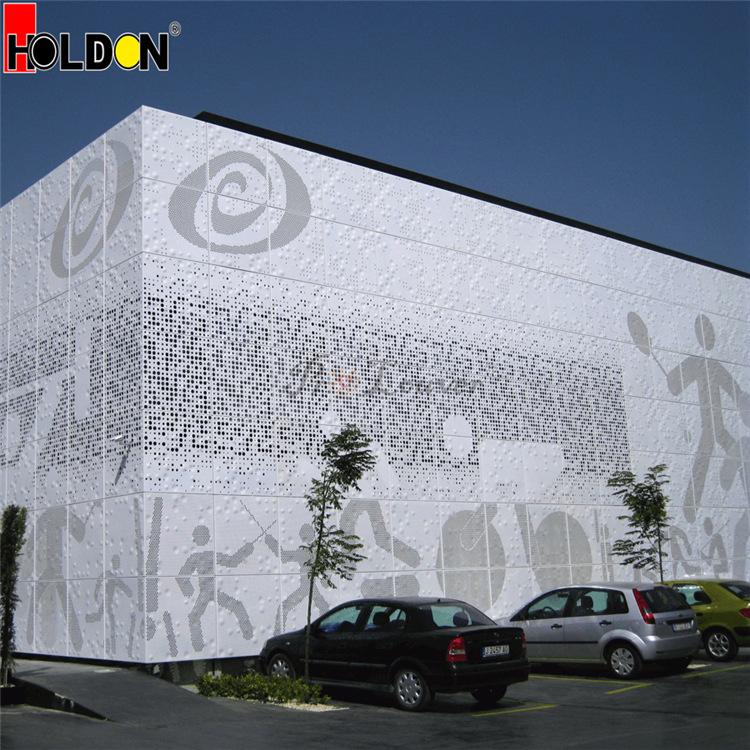 商业综合体外墙门头装饰造型铝板穿孔镂空雕刻氟碳木纹铝单板定制