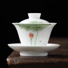 德化白瓷手绘陶瓷三才盖碗茶杯家用大号功夫茶具泡茶碗带盖
