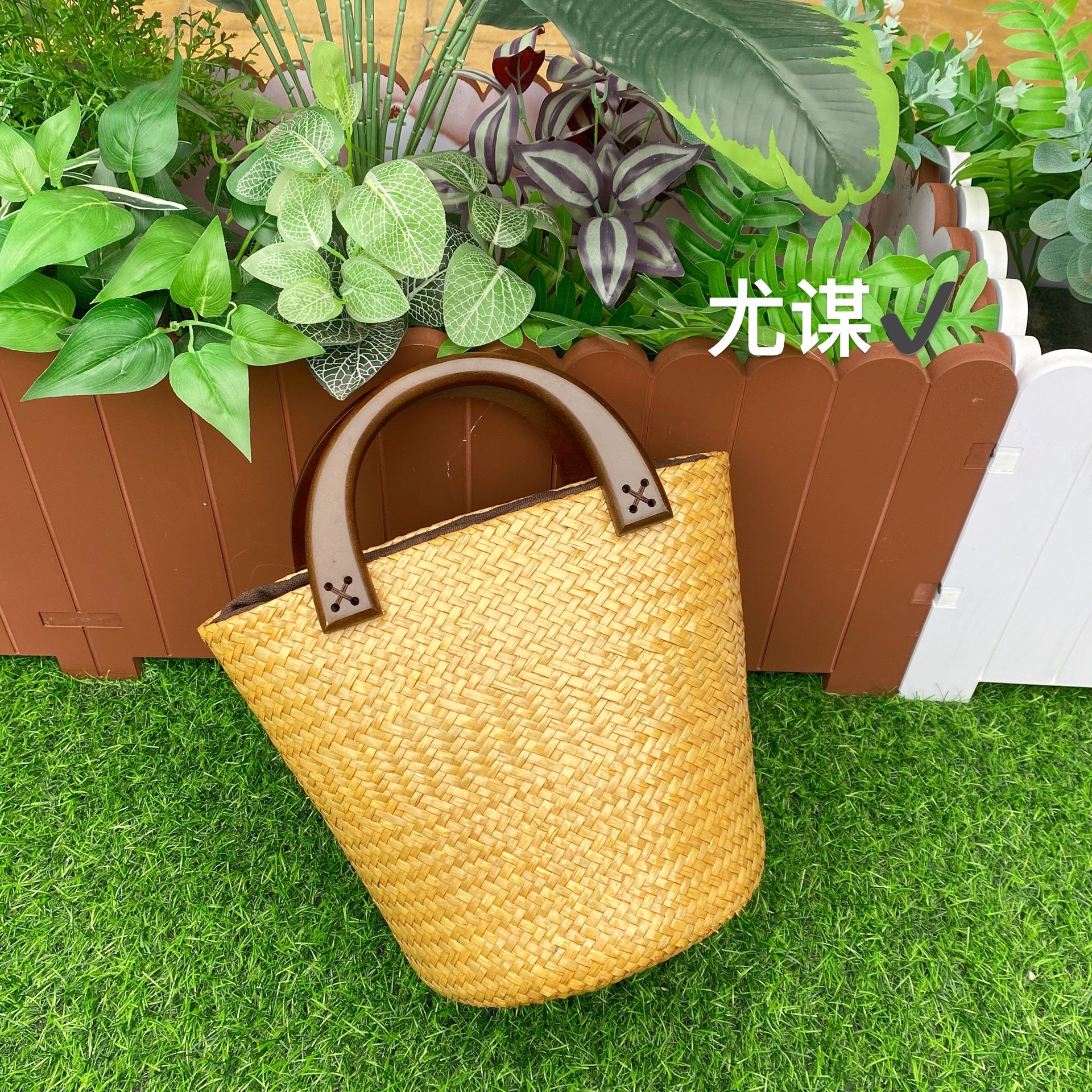 度假沙滩海边手工编织草编菜篮子原木复古新中式水桶草席手拿小包