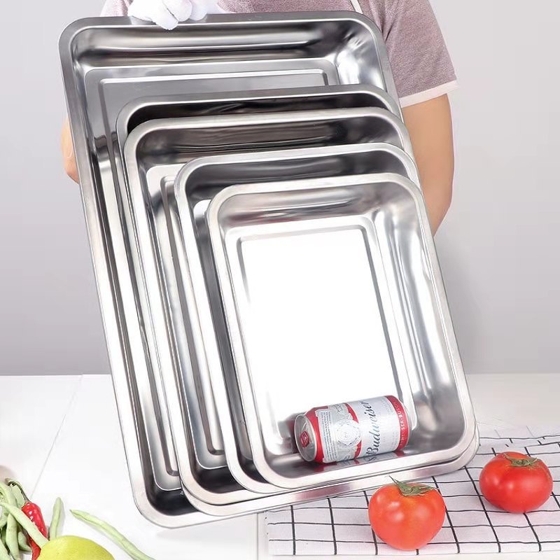 304 Stainless Steel Square Plate Thickened Rectangular Tray Punching Tea Tray Steaming Plate Canteen Commercial Buffet Barbecue Plate