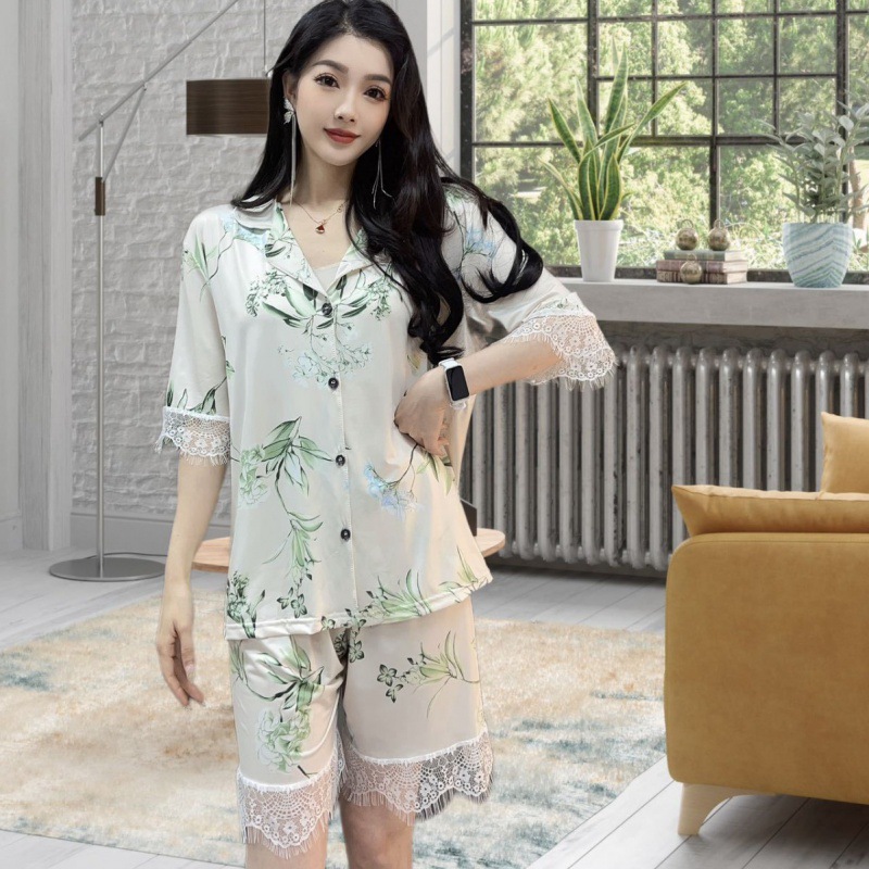 Bamboo Printed Four-Piece Pajamas Homewear Women's Spring and Summer Lace Edge Ice Silk Thin Loose Fashion Suit