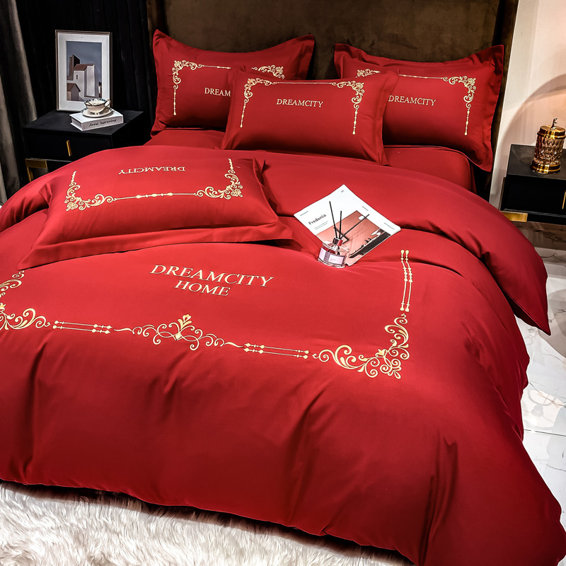 简约婚庆四件套北欧水洗棉床单被套床笠大红色结婚三件套床上用品