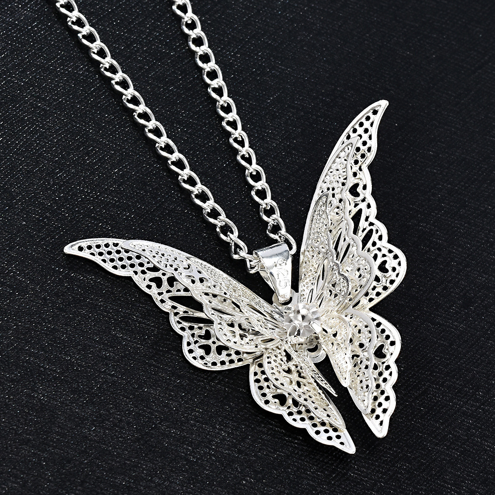 欧美热销镀银镂空尖蝴蝶项链 吊坠带链镶钻飞翔翅膀butterfly爆款