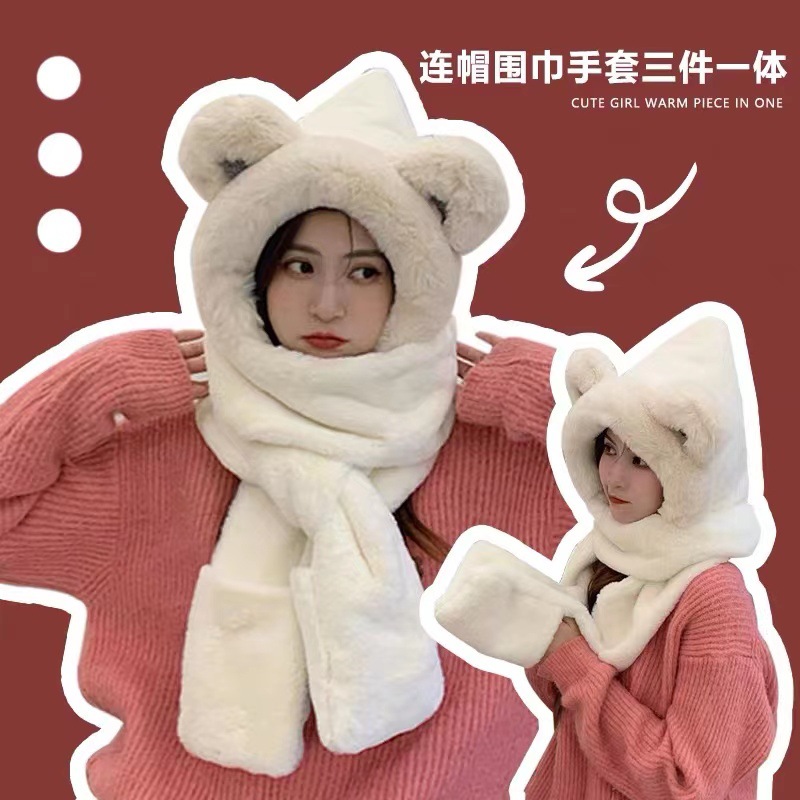 Bear Hat Korean Style Cute Women's All-Match Autumn and Winter Scarf All-in-One Warm Keeping Gloves Scarf Three-Piece Suit Fashion