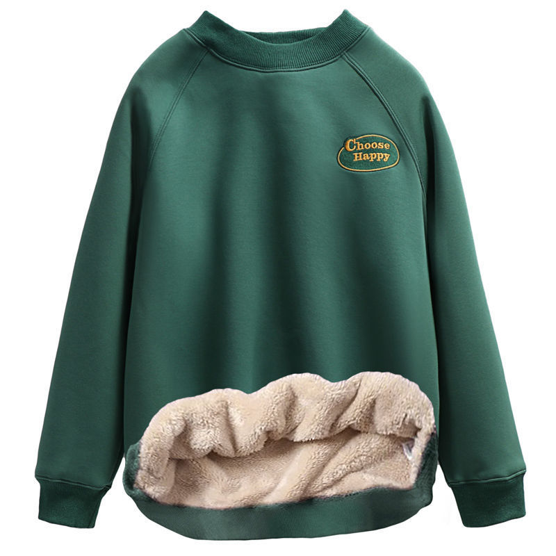 加厚羊羔绒卫衣女圆领宽松仿羊羔毛打底衫保暖上衣无帽套头加绒冬