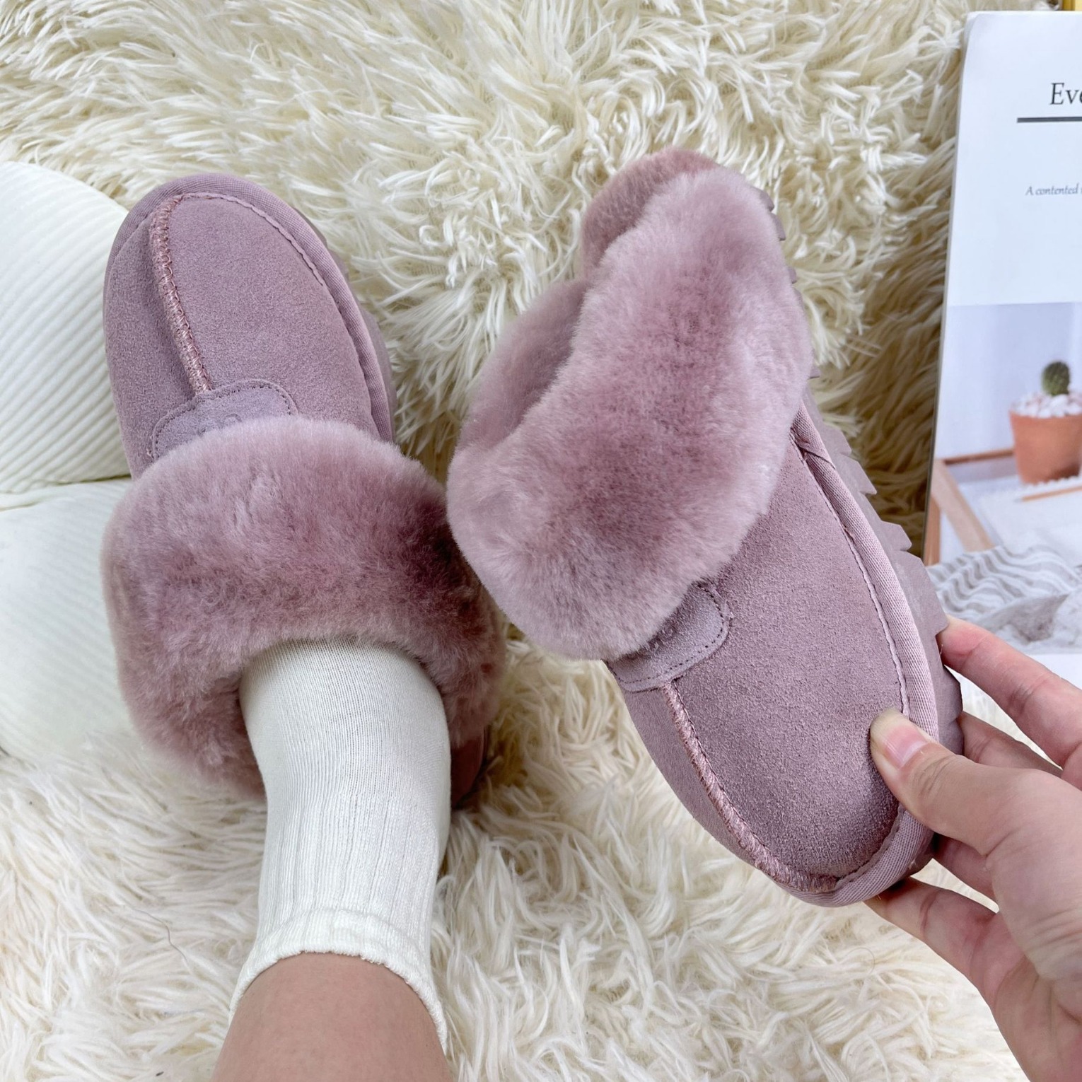 Fluffy Slippers Women's Outer Wear 2023 Autumn and Winter New Round Head Matte Leather Casual Slippers Non-Slip Toe Cap Cotton Slippers