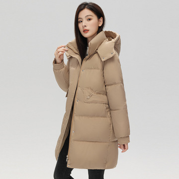 专柜外贸折扣中长款羽绒服女2023新款修身厚过膝连帽冬季时尚外套
