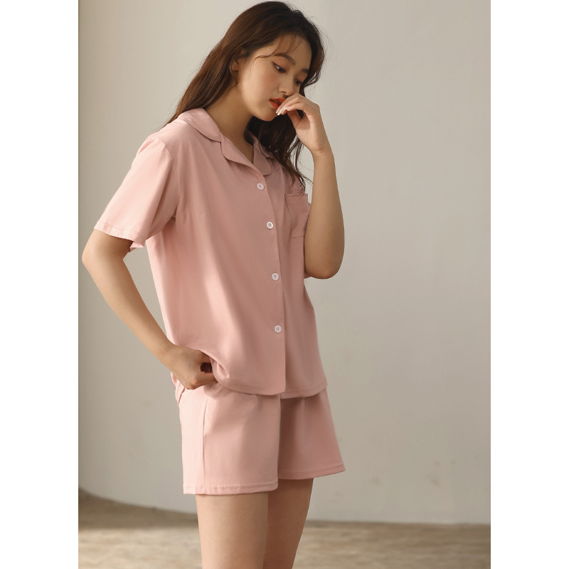 Couple Pajamas Women's Summer Pure Cotton Spring/Summer Thin Short-Sleeved Shorts Men's Solid Color Cardigan Homewear Two-Piece Suit