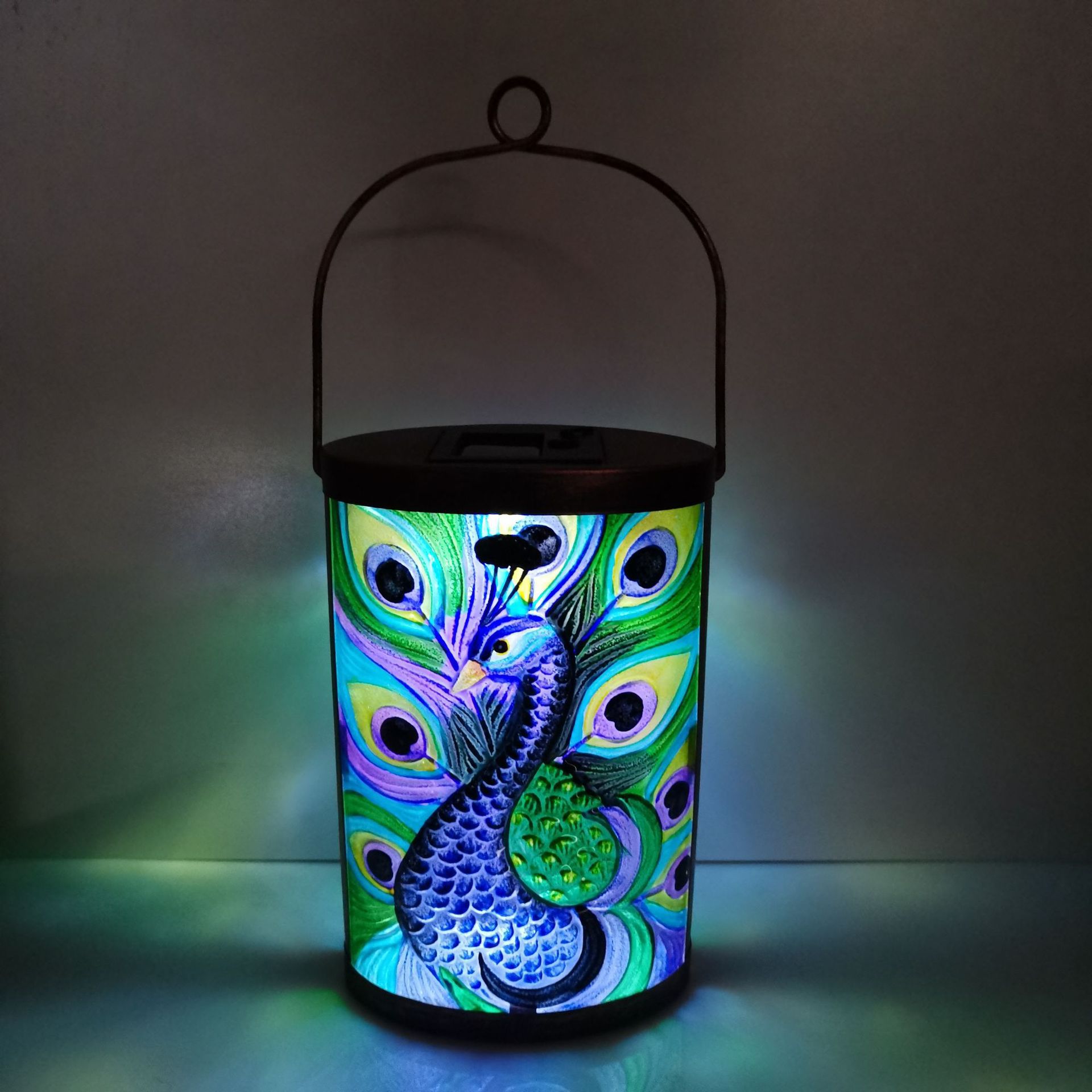 玻璃铁件孔雀风灯 悬挂花园风灯 灯笼