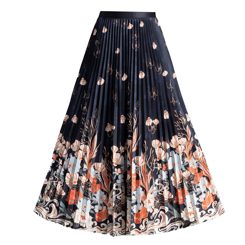 High Waist Horse-Face Skirt Fashionable Elegant Women's Clothing Printed Dress Elastic Waist Pleated Skirt Long Spring A- line Skirt