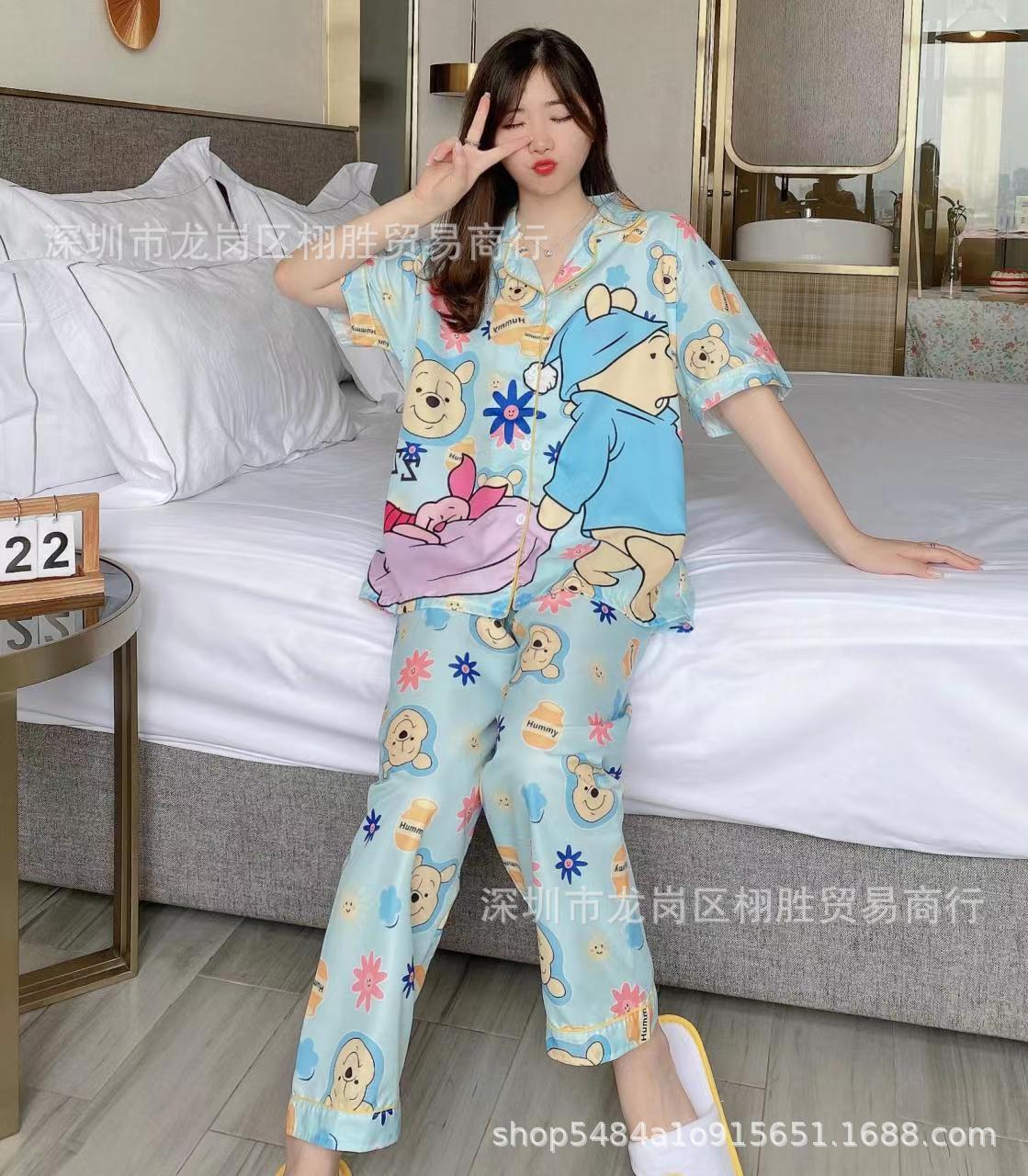 Wholesale Southeast Asia Short-Sleeved Trousers Italy Silk Cardigan Pajamas Women's Suit Cartoon Waal Cotton