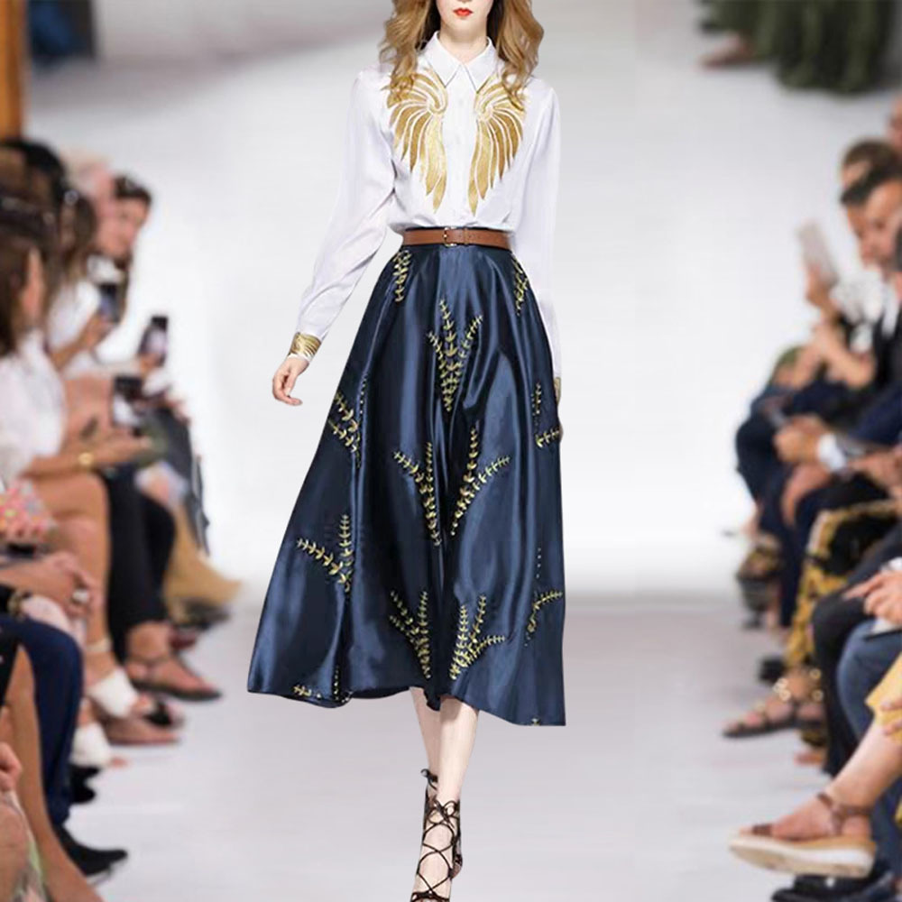 欧洲站21年秋跨境女装批发翅膀刺绣衬衫树叶印花大摆半裙两件套装