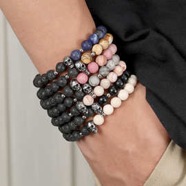 磨砂黑玛瑙手链半宝石手串欧美跨境复古弹力绳火山石手饰品批发
