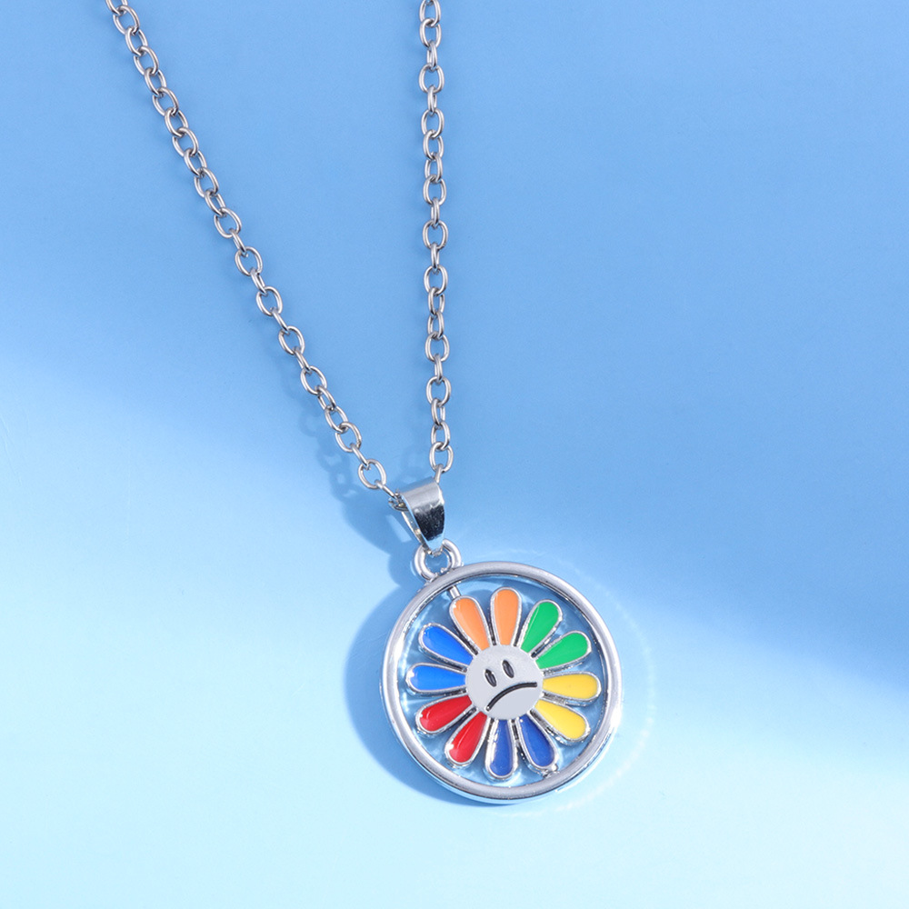 日韩 旋转七色花项链 个性时尚百搭嘻哈毛衣彩色花朵项链男士饰品