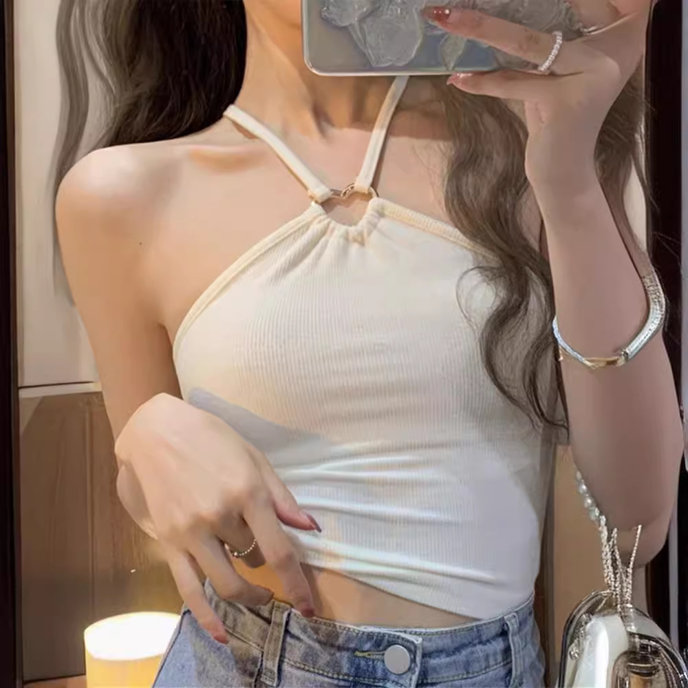 白色挂脖露肩吊带针织小背心女夏季薄款别致甜辣打底美背无袖上衣
