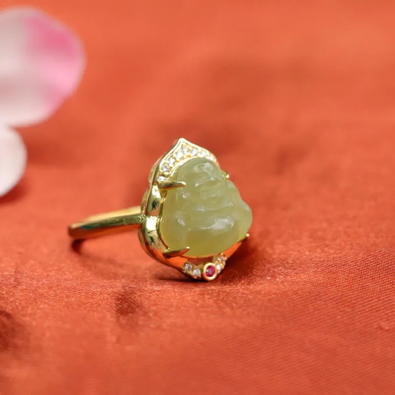 眷钰 和田玉佛公戒指冰种晴水弥勒佛指环玉石玉器珠宝饰品礼物女