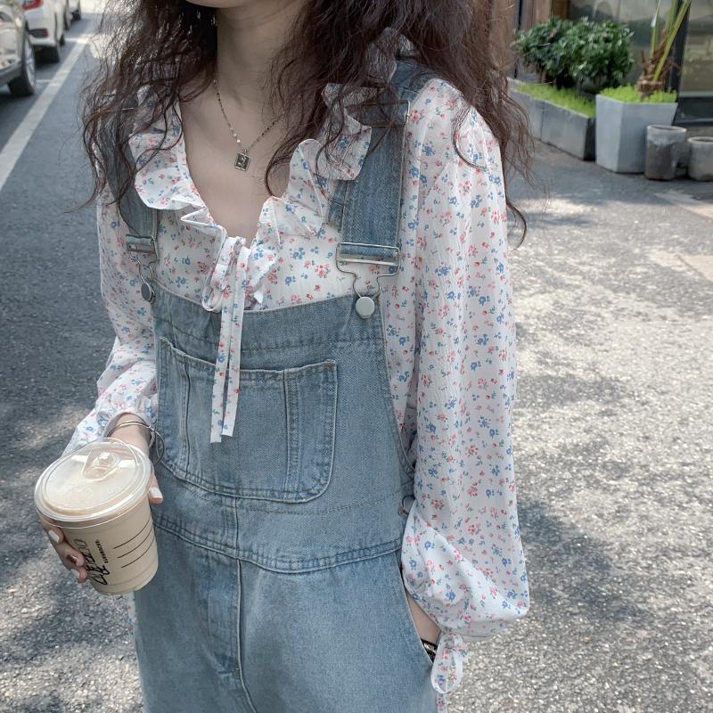 Denim Suspender Pants for Women 2023 Spring and Autumn New Korean Style Loose Slimming Small High Waist Straight-Leg Wide-Leg Pants