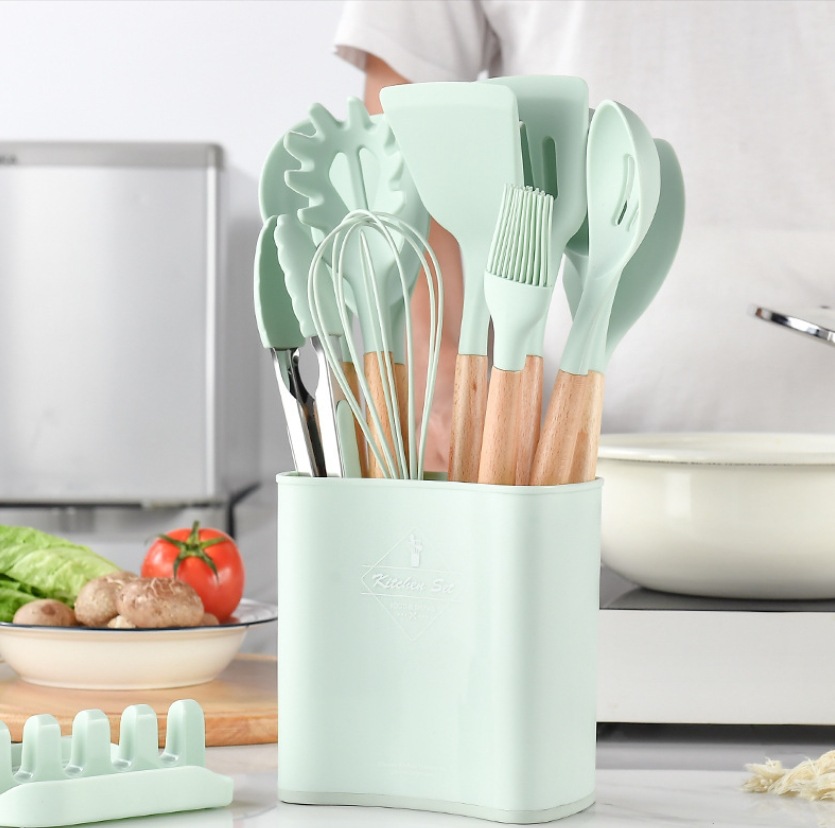 Cooking Non-Stick Pan Wooden Handle Silicone Kitchenware 12-Piece Set