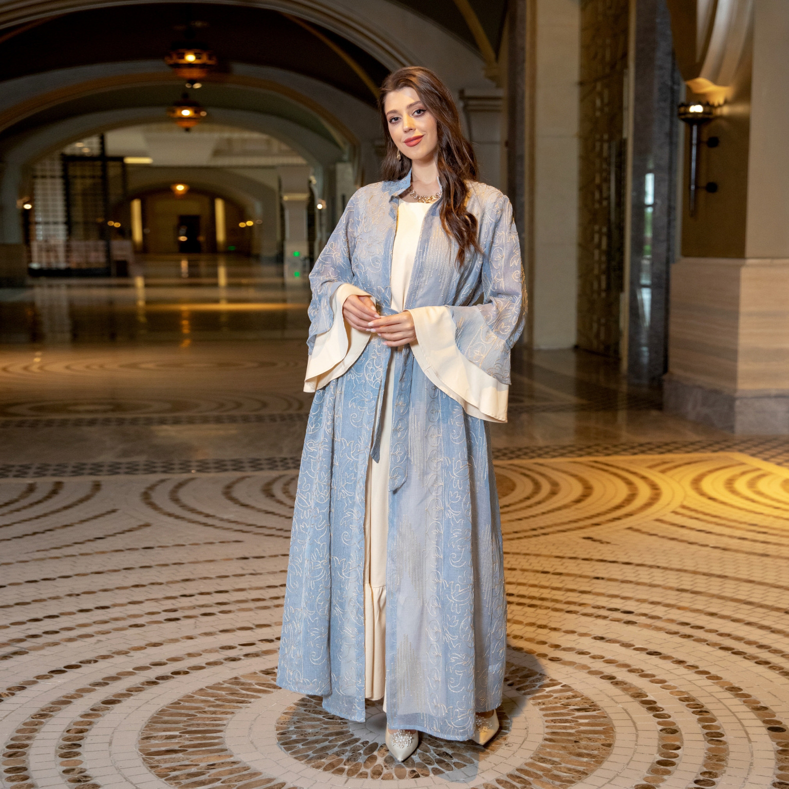 Ab318 Middle East Evening Dress Cross Border Muslim Women Ruffle Sleeve New Suit Dress Abaya Robe