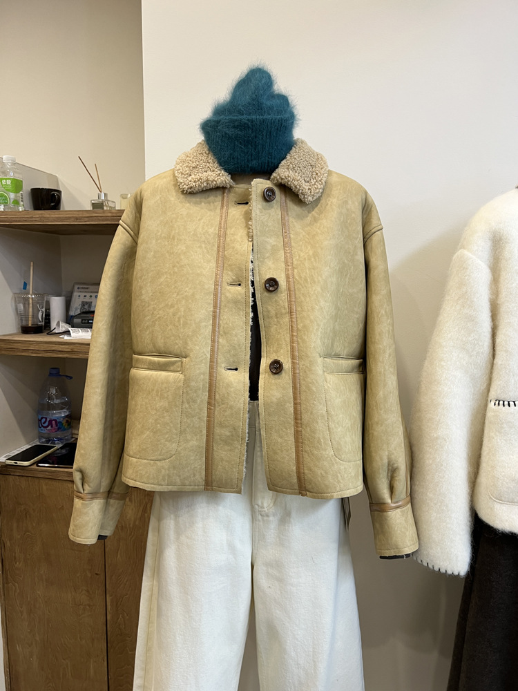 冬季韩版2023年新款气质小清新韩国羊羔毛翻领减龄皮衣外套-阿里巴巴