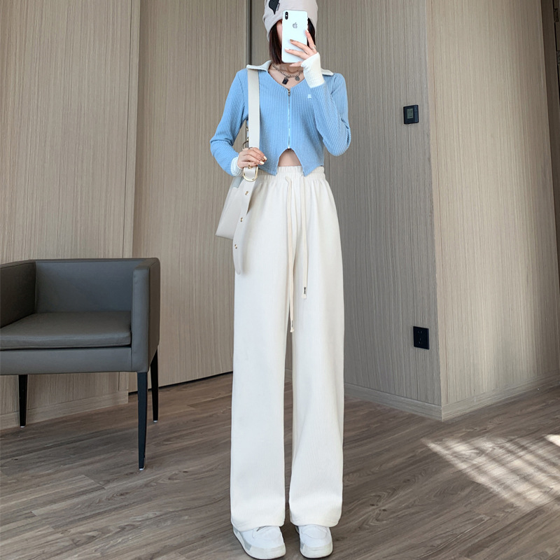 Corduroy Wide-Leg Pants Women's Spring/Autumn/Winter New High Waist Casual Pants Loose Slimming and Velvet Padded Casual Straight-Leg Knitted
