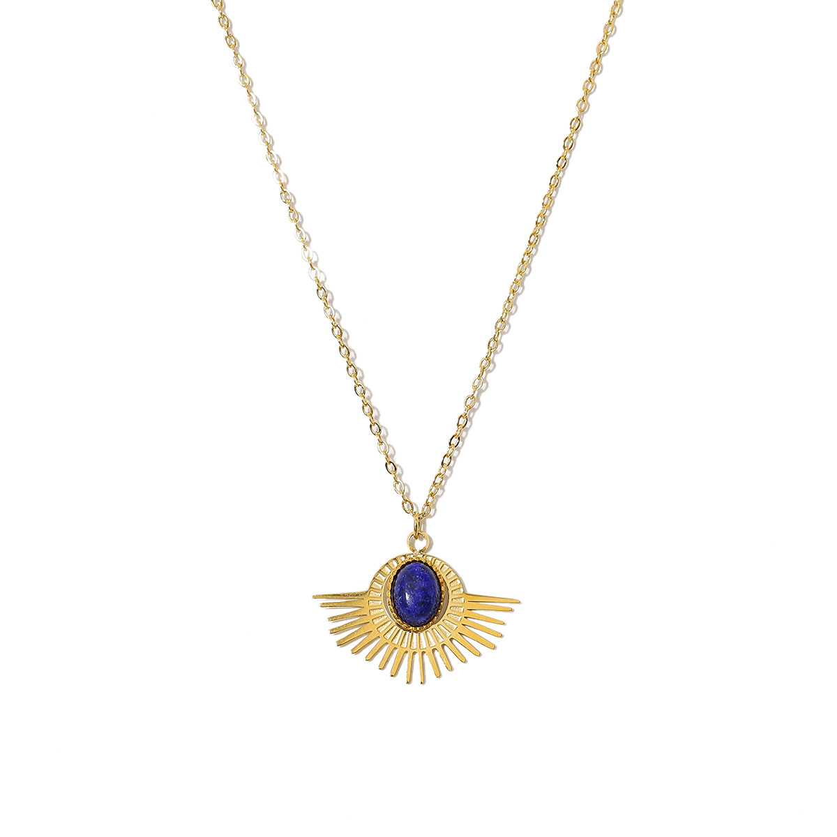 Foreign Trade French Royal Style Dark Blue Natural Stone Pendant Necklace 18K Gold Plating Vintage Engraving Clavicle Chain Necklace