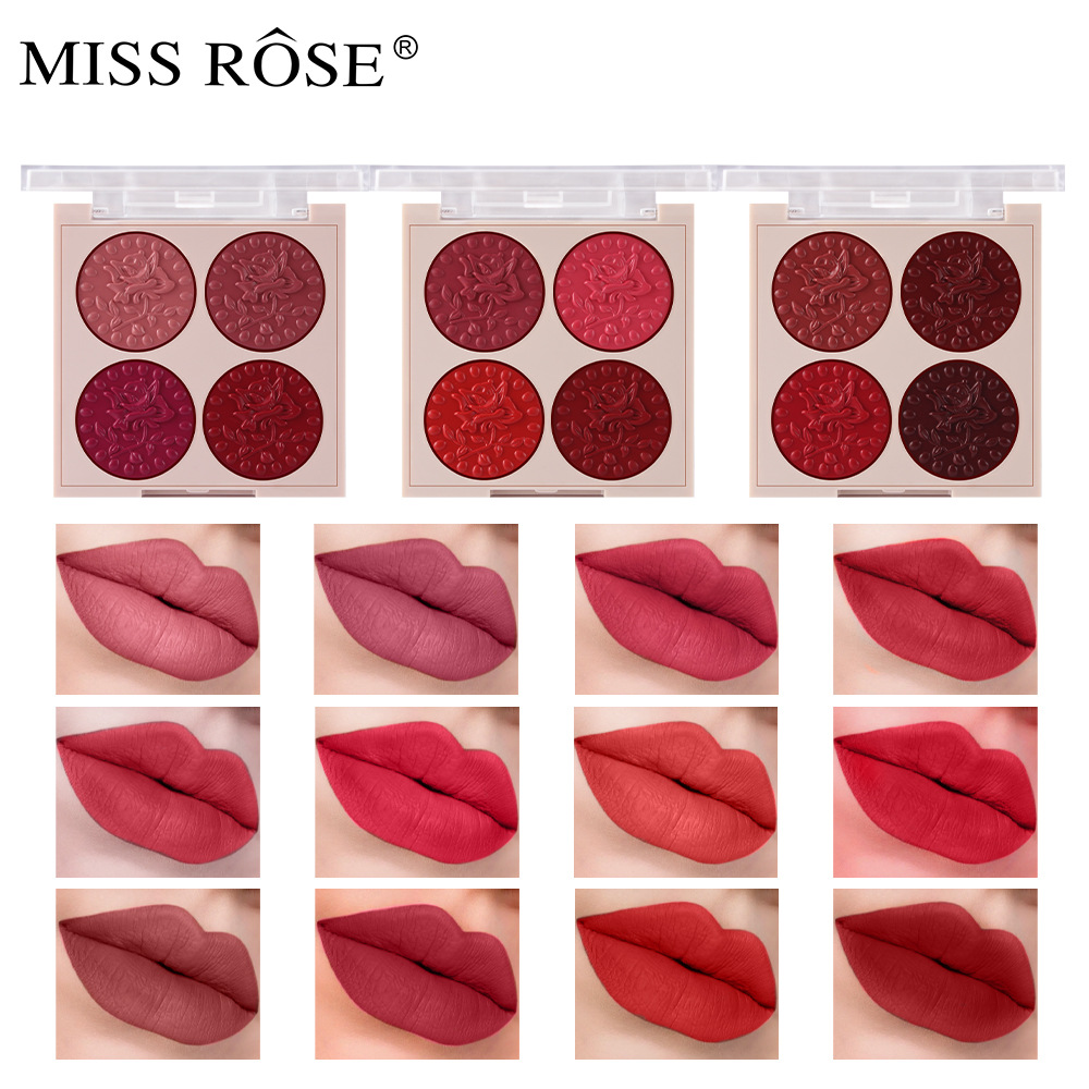 Miss Rose Lipstick Compact 4 Color Lip Gloss Plate Moisturizing Easy to Color Lipstick Foreign Trade Exclusive for Cross-Border in Stock Wholesale