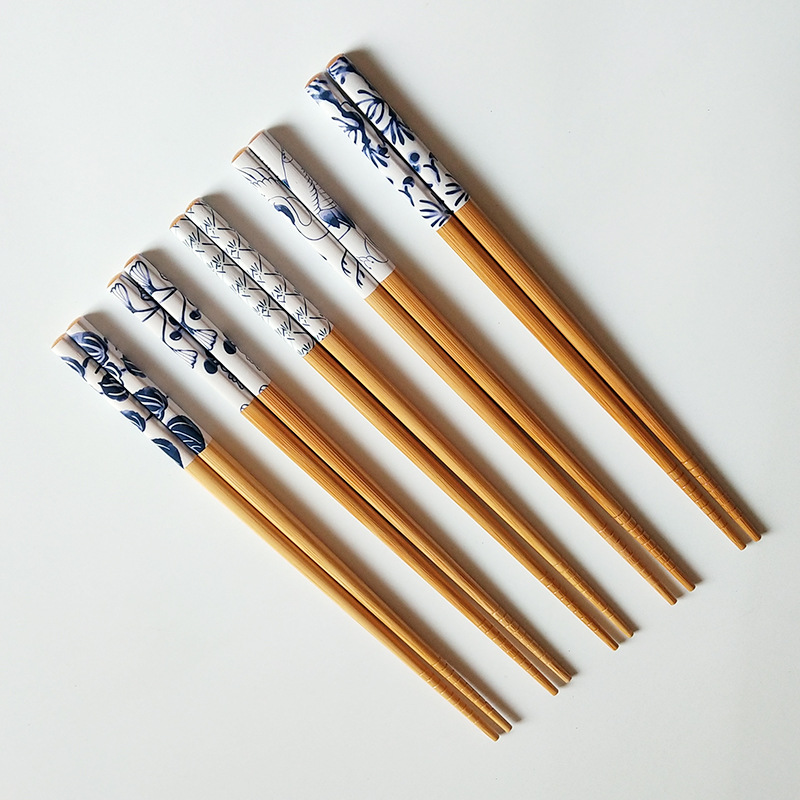 新品中国风手绘仿瓷花纹工艺五双礼盒装竹筷家庭用分餐筷子竹木筷