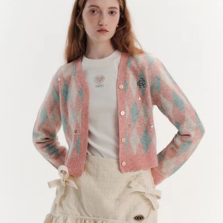 2024春季新款女装学院风菱形格针织衫毛衣开衫外套ttck238c28i