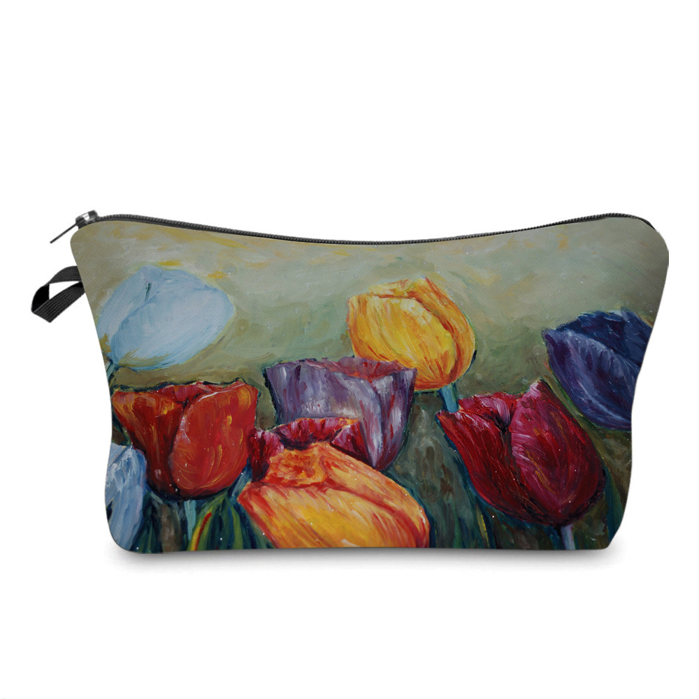 2022 New Women's Cosmetic Bag Printed Ins Oil Painting Flower Storage Bag Portable Clutch Storage Wash Bag
