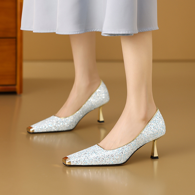 性感高跟鞋新款女鞋方头细跟防踢头金属格利特宴会辣妈时装单鞋女