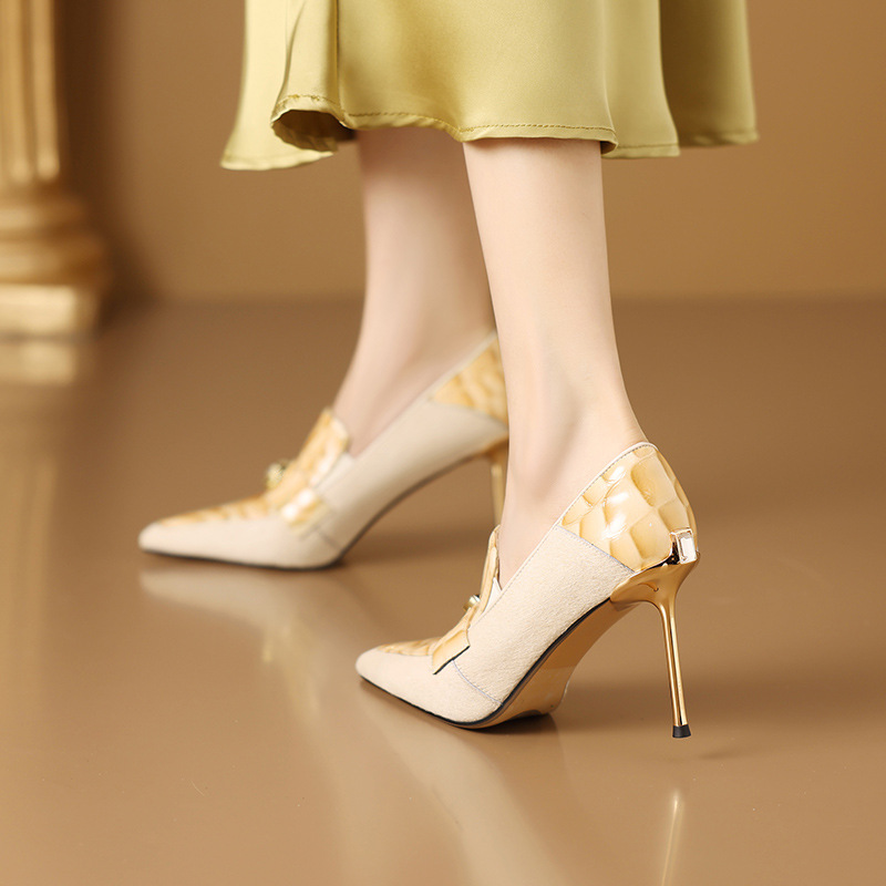 时尚拼色马毛黑色高跟鞋铁跟细跟深口单鞋春秋2024新款尖头单鞋女