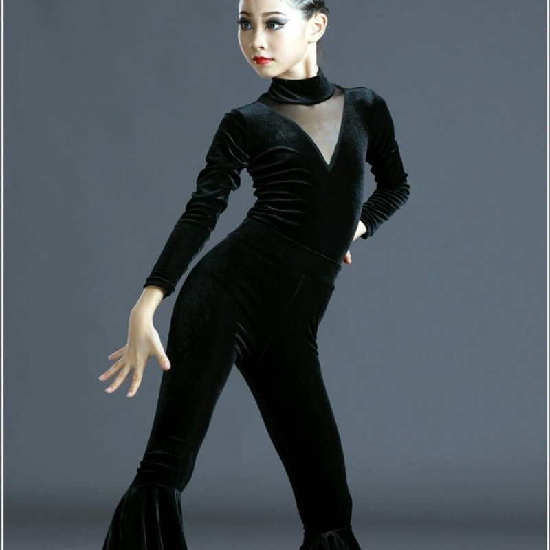 拉丁舞服女童儿童秋冬练功服女网红比赛服丝绒长袖演出训练服套装